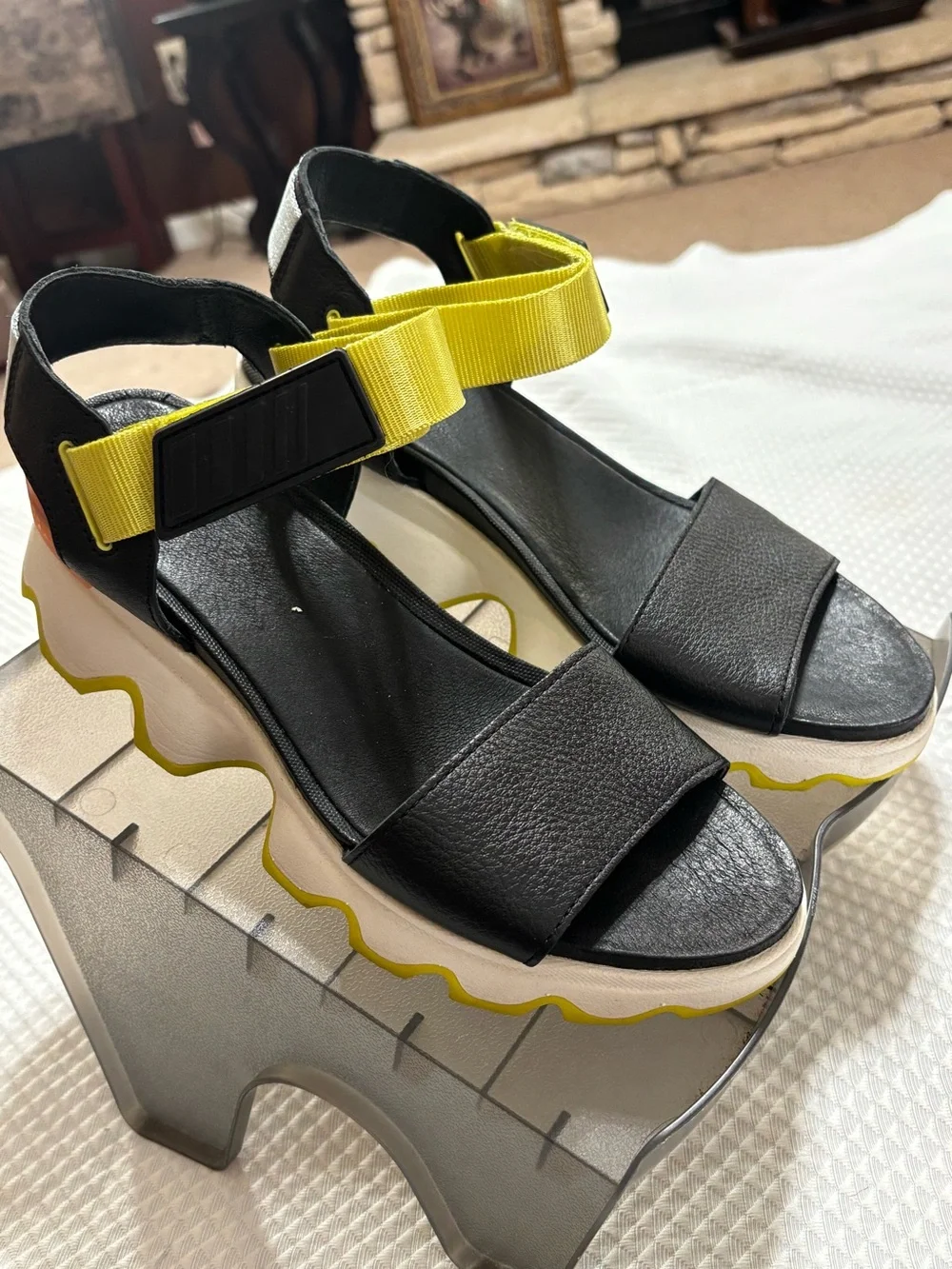 Sorel Black Platform Sandals with Yellow Straps
